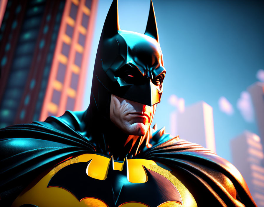 Close-up of stern Batman in cowl and cape against cityscape.