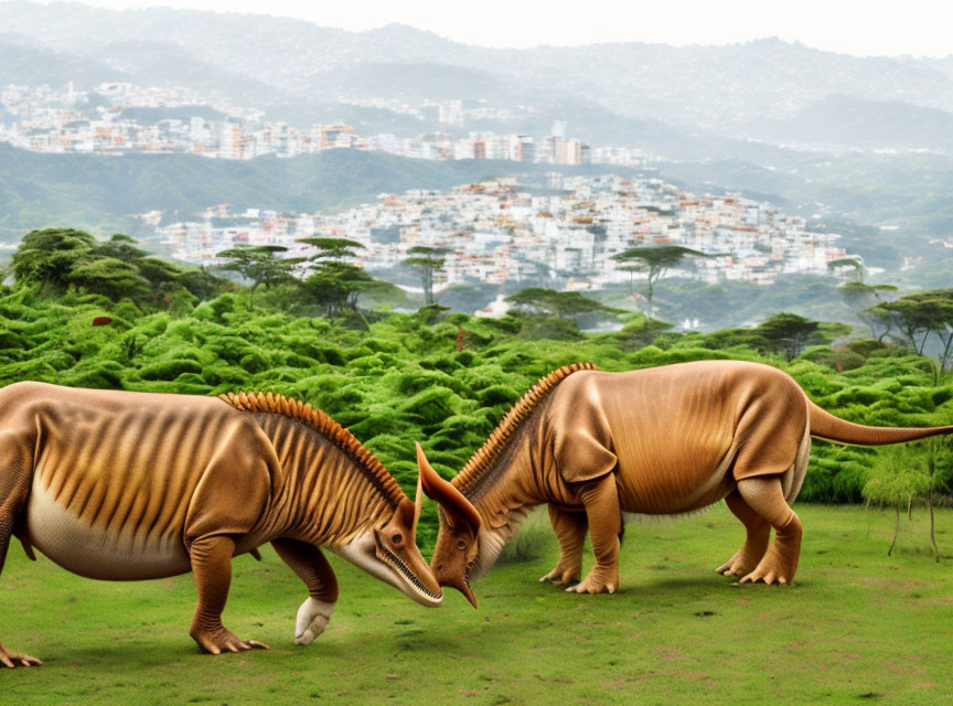 Digitally altered Parasaurolophus dinosaurs in modern landscape with green hills and city buildings.