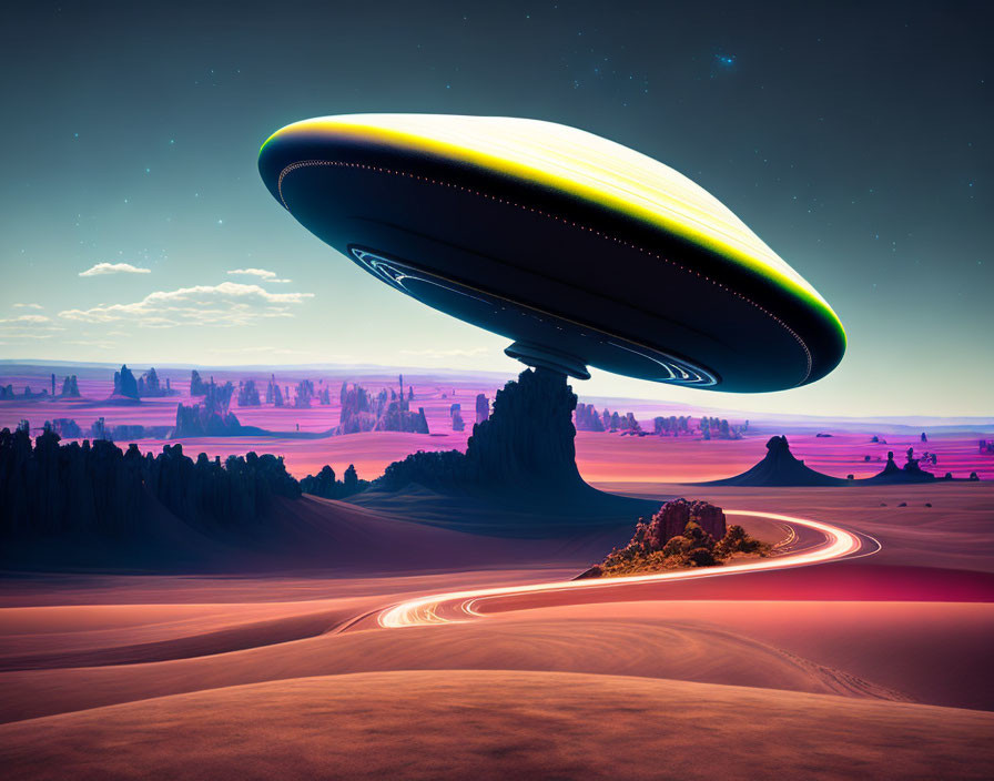 Colorful UFO over desert landscape with twilight sky
