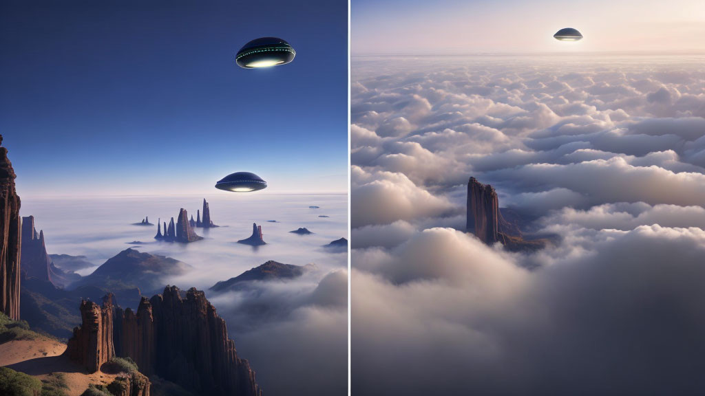 Rocky Peaks Above Clouds with Futuristic Flying Saucers in Serene Landscape