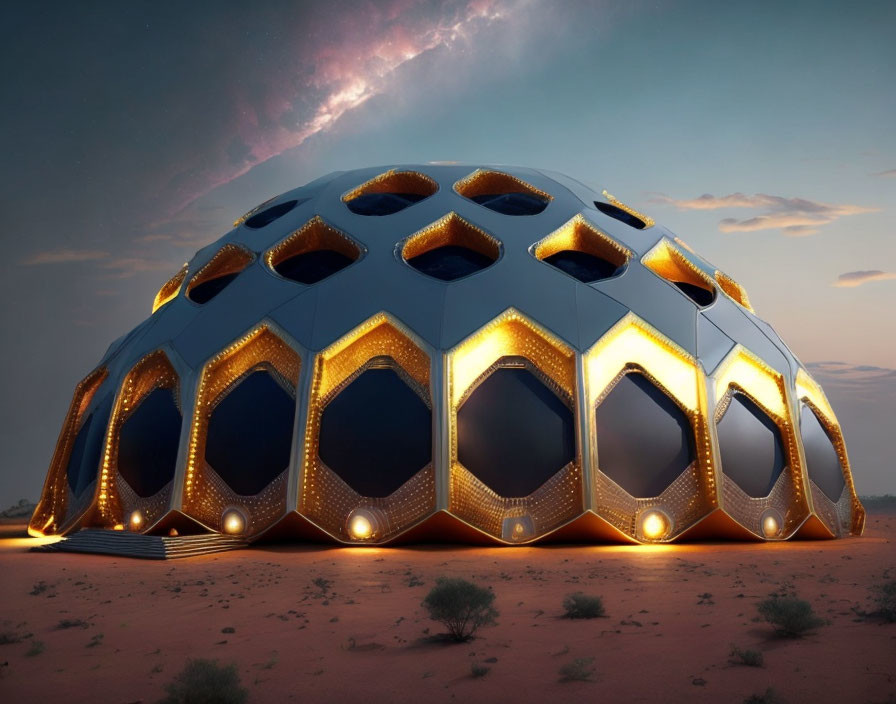 Futuristic hexagonal dome with golden lights in desert twilight