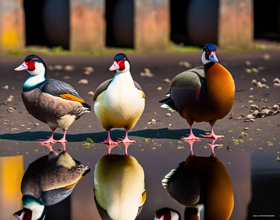 Vibrant Mandarin Ducks on Reflective Surface with Dark Cylindrical Background