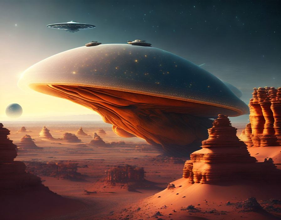 Gigantic jellyfish-like spaceship over desert landscape with smaller ships and distant planet at sunset