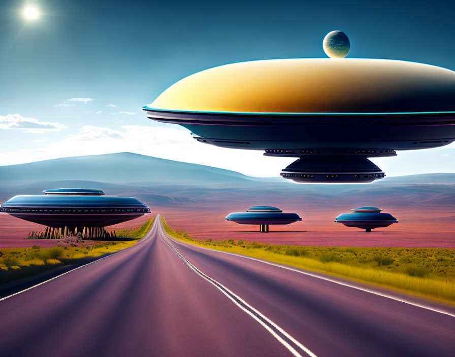 Futuristic sci-fi landscape with road, planets, and UFOs