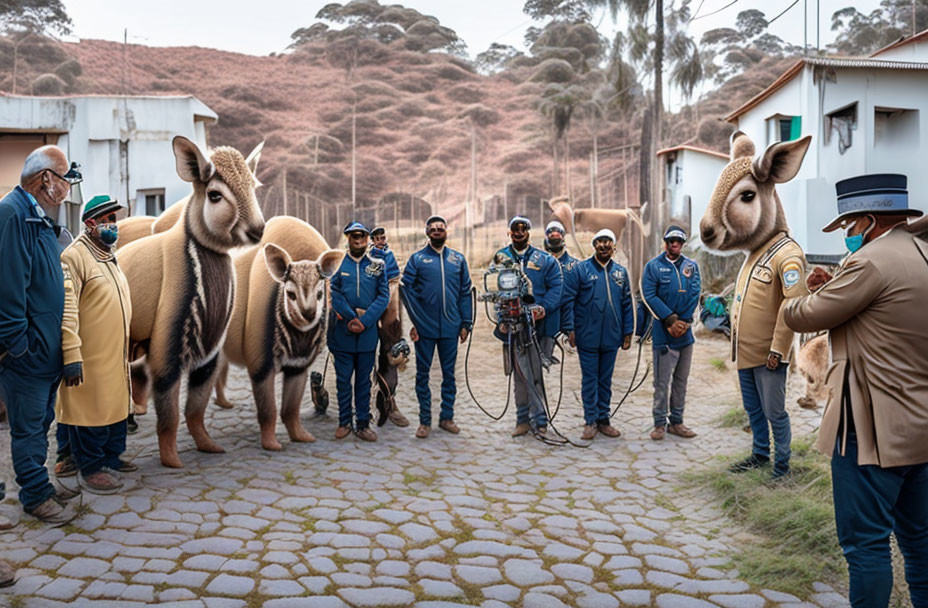Group in Blue Uniforms with Anthropomorphized Anteaters in Cobblestone Setting