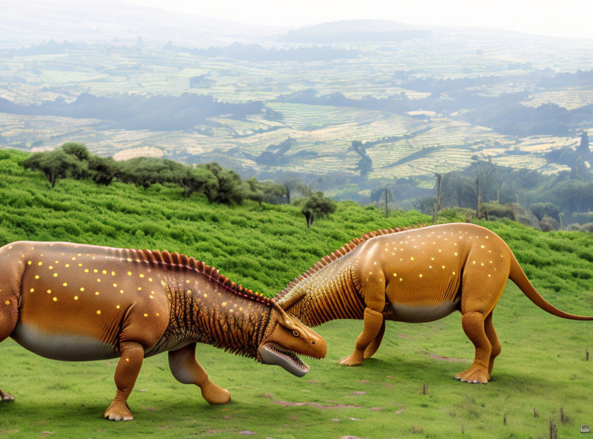 Brown and Orange Dinosaurs with Yellow Spots in Green Landscape