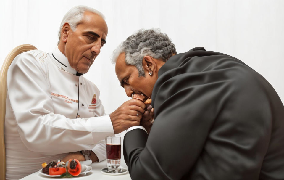 Chef observes man in suit tasting food with eyes closed.