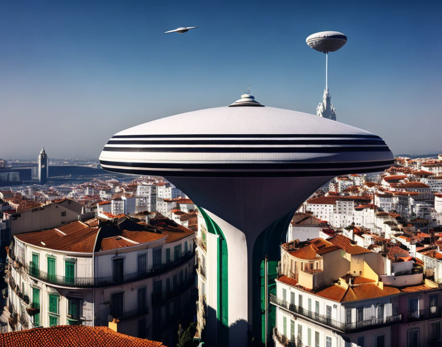 Futuristic UFO-style building in cityscape with flying vehicle under blue sky