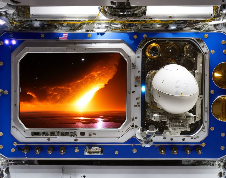 Spacecraft interior with large window displaying Earth's fiery horizon and American flag.