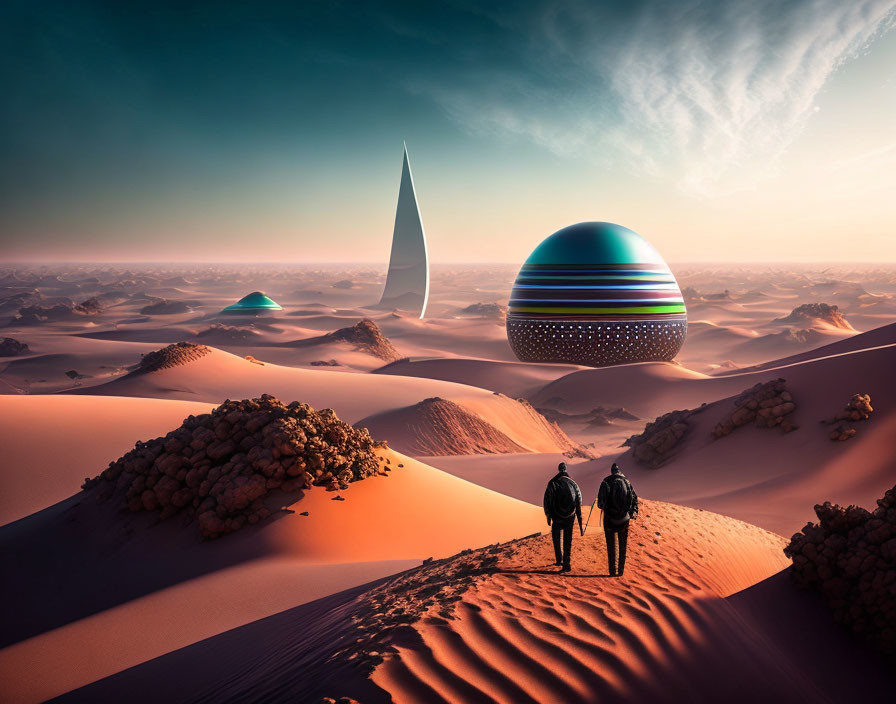 Futuristic structures in desert with two figures