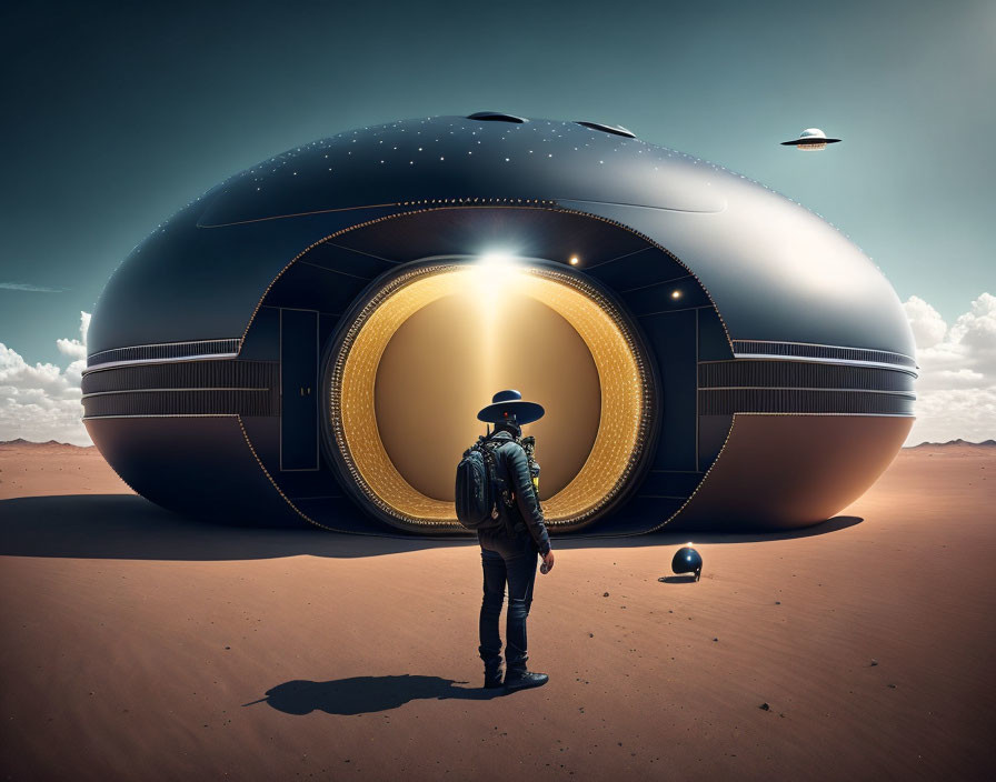 Person in hat gazes at futuristic structure in desert with flying saucer