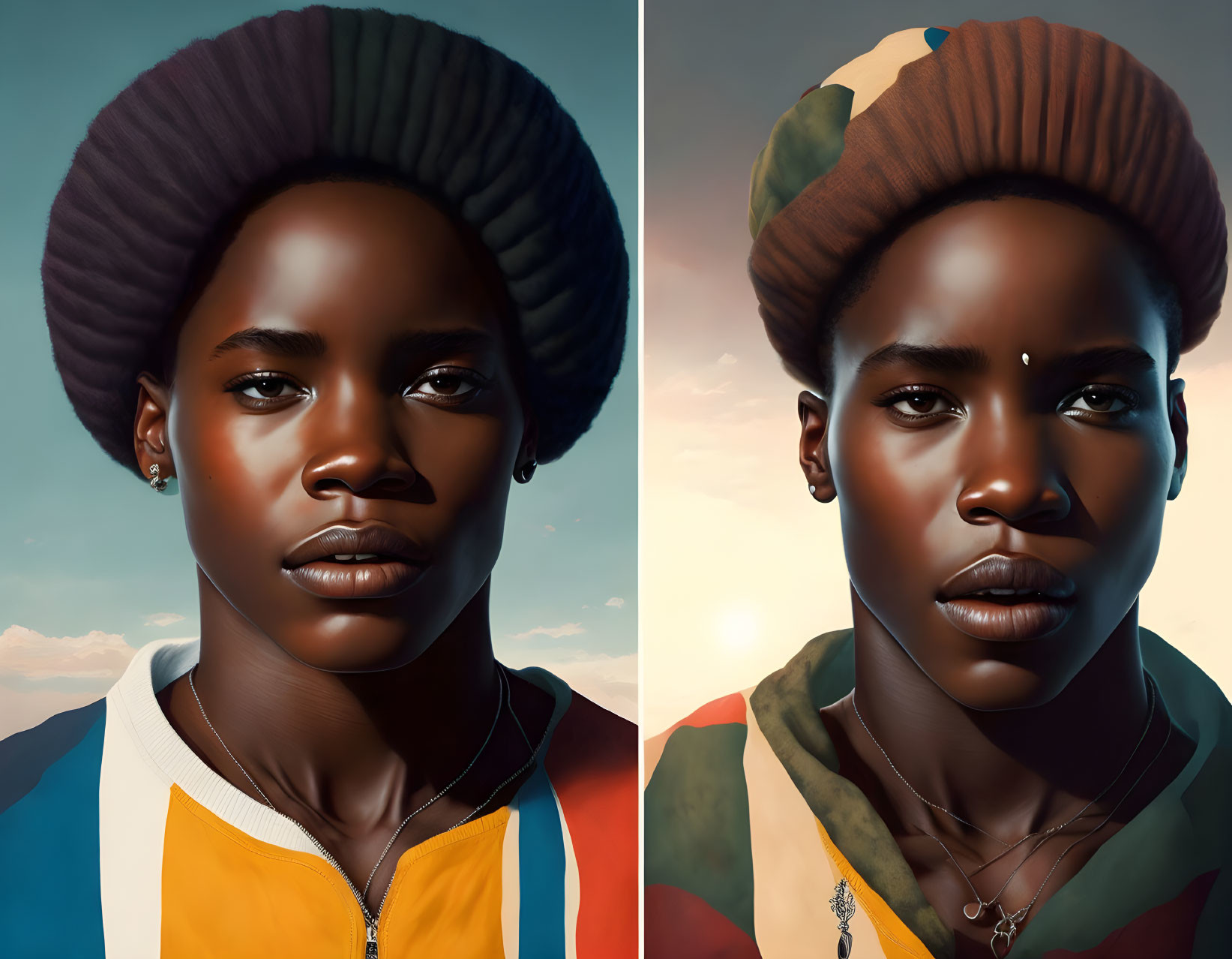 Portrait digital artwork: cool and warm lighting variations, detailed facial features and expressions.