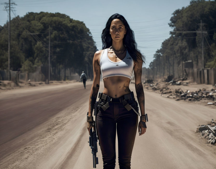 Determined woman on deserted road with gun and figure in background
