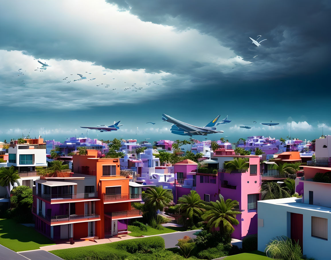 Vibrant buildings under dramatic sky with airplanes and birds in surreal scene