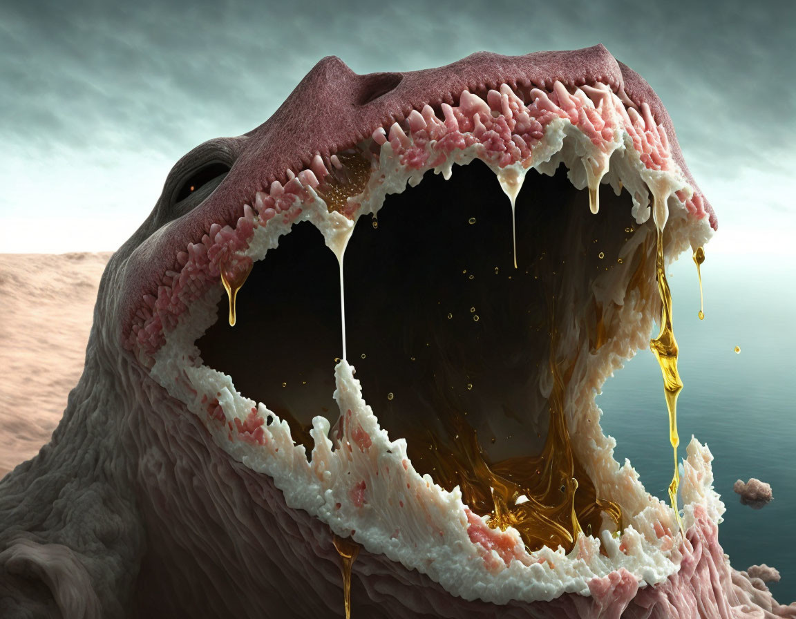 Detailed Image: Creature's Open Mouth with Sharp Teeth in Barren Landscape