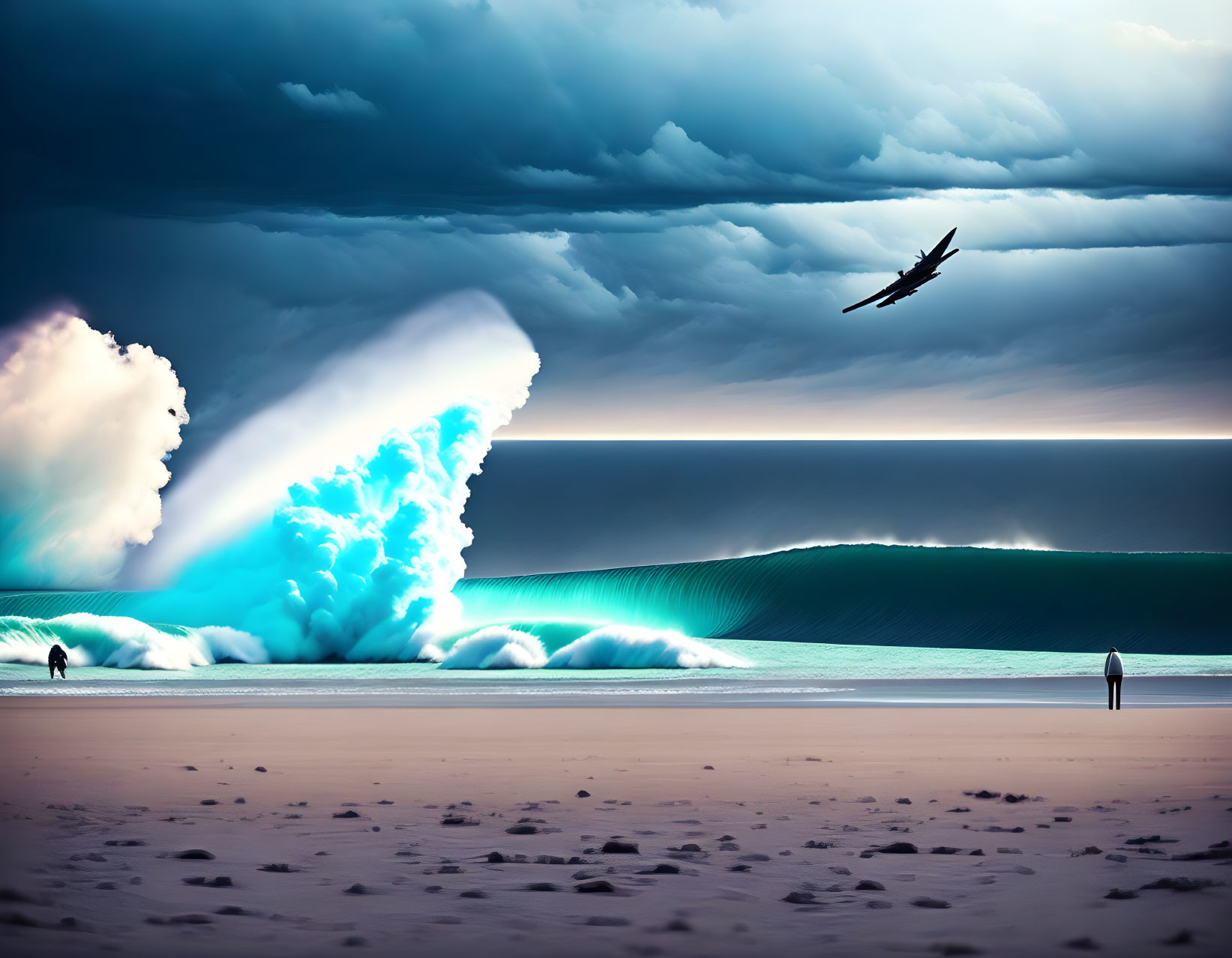 Surreal beach scene: glowing blue wave, stormy skies, airplane, figures