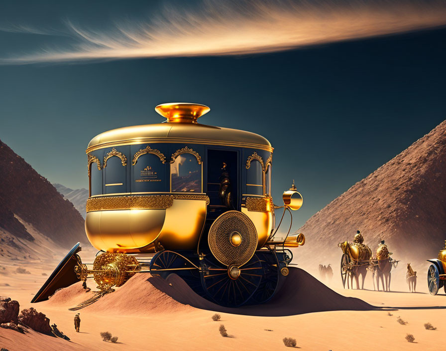 Golden ornate train crosses desert with mountains and camels.
