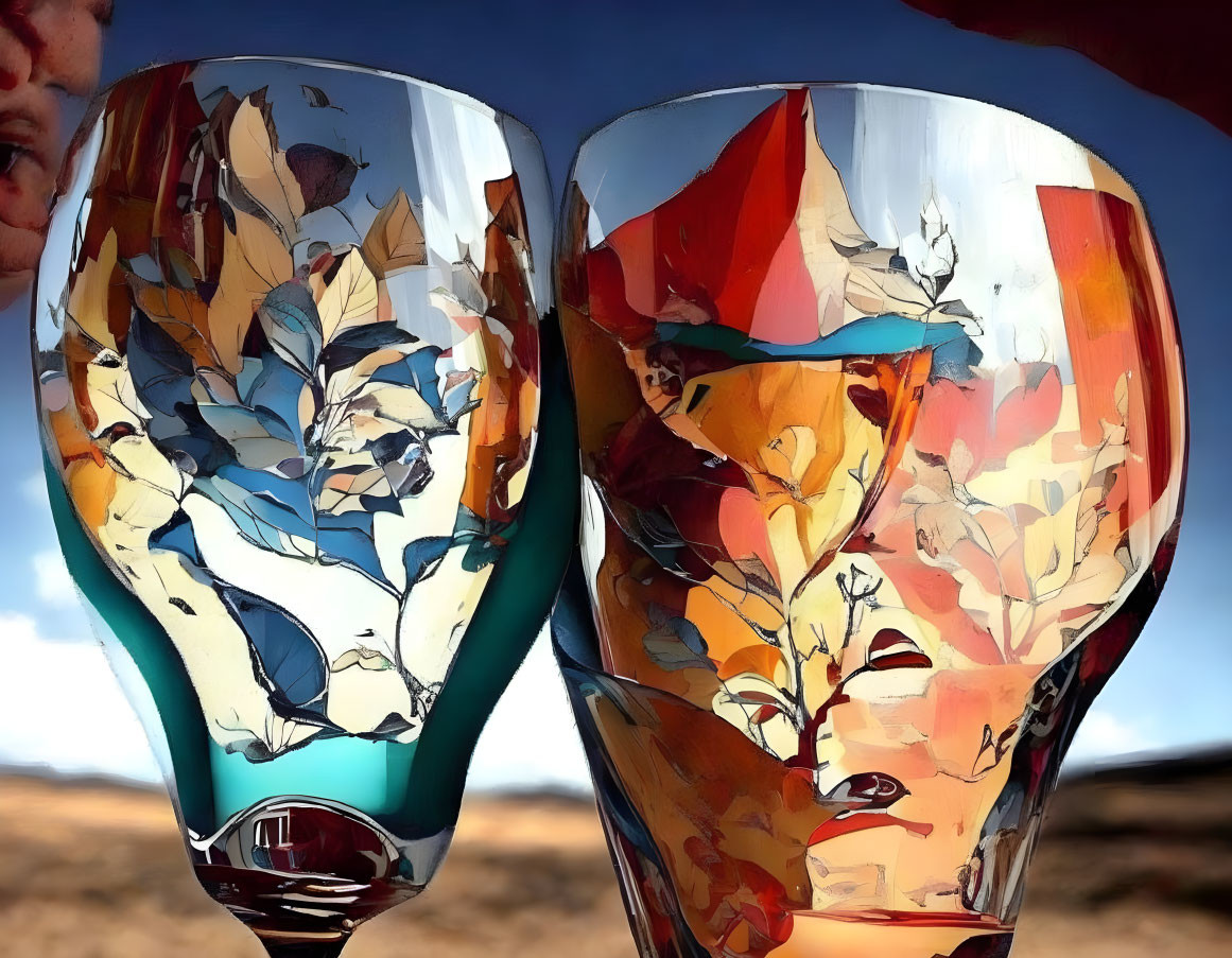 Colorful Abstract Design Wine Glasses on Blurred Landscape Background