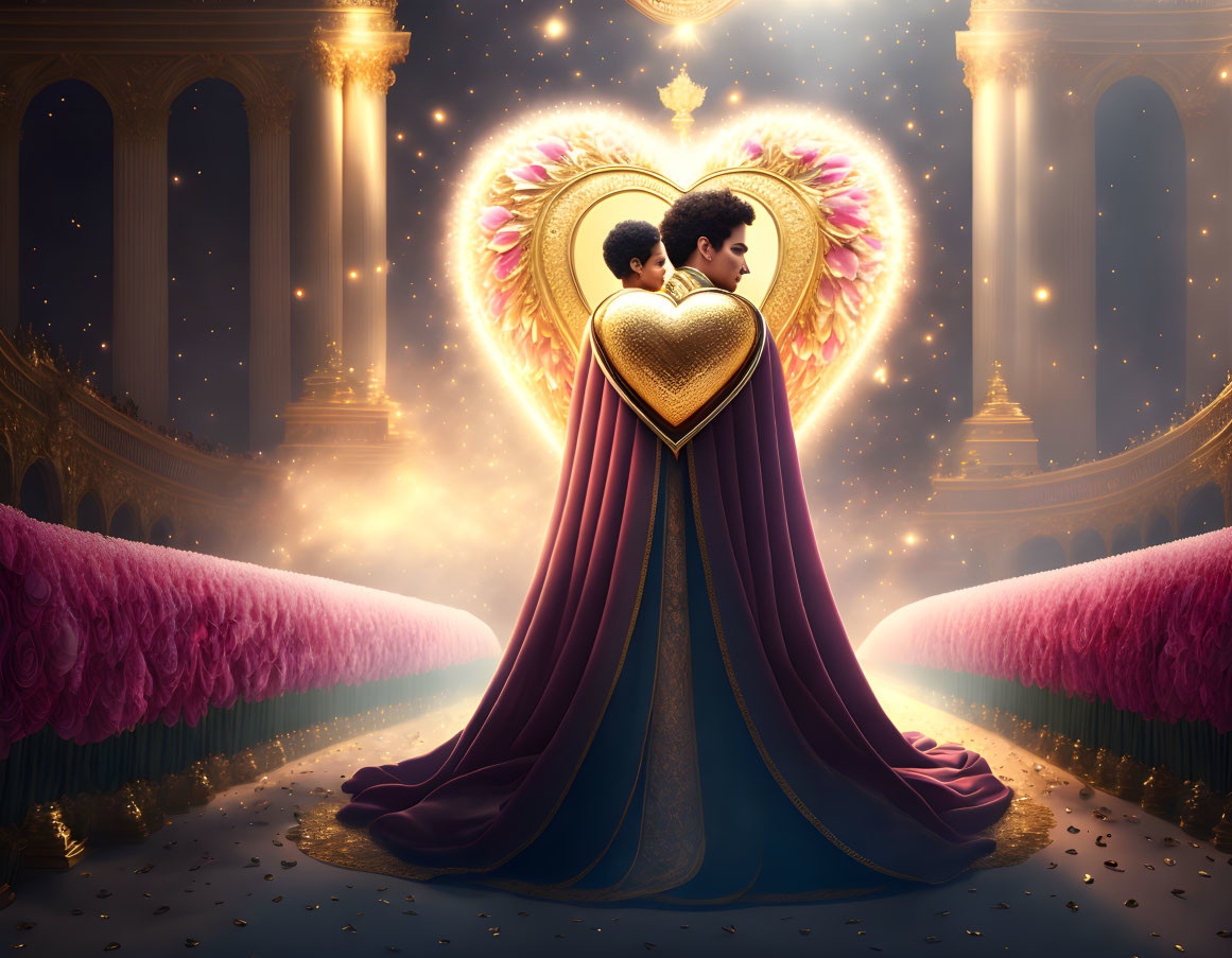 Romantic scene in grand hall with heart-shaped wings and golden lights