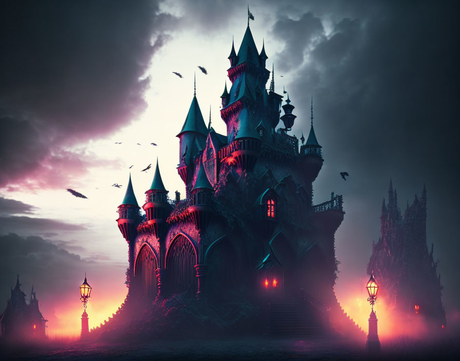Gothic castle at dusk with red fog, illuminated windows, flying birds, lanterns & sp