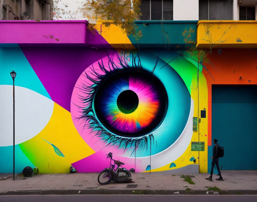 Colorful eye mural on building with person and bicycle