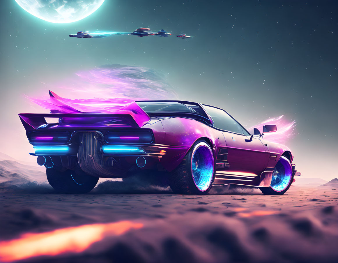 Futuristic purple sports car on alien landscape with glowing wheels