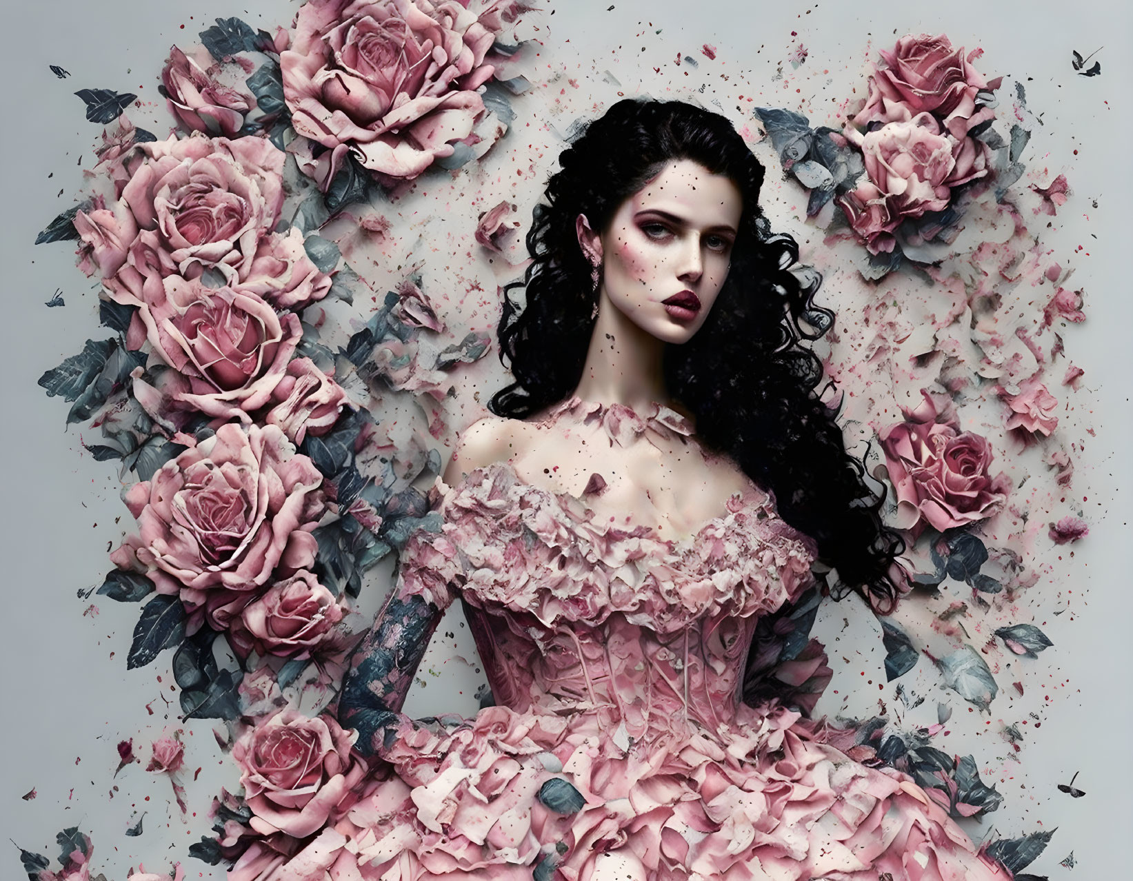 Dark-haired woman in ornate dress surrounded by pink roses and petals