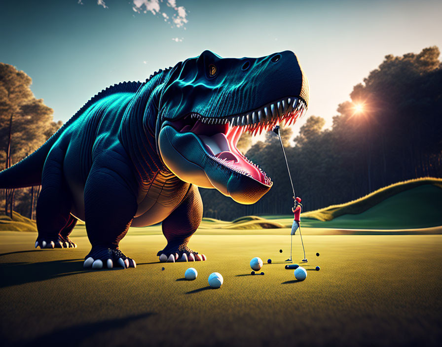 Gigantic Tyrannosaurus Rex and woman on surreal golf course
