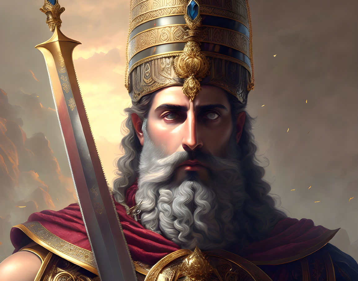 Bearded warrior king in golden helmet and sword against cloudy sky