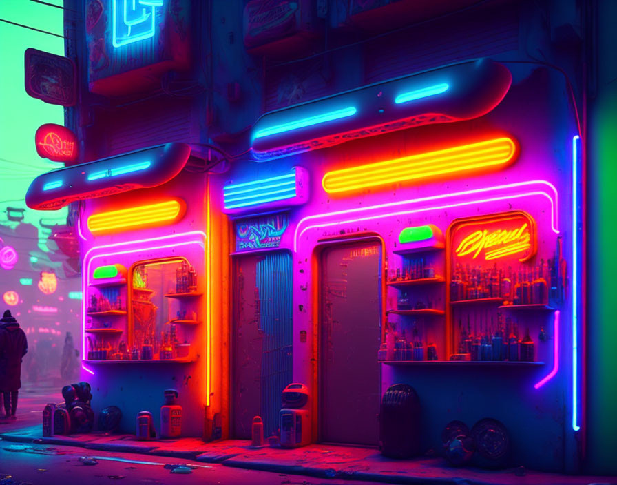 Vibrant neon-lit futuristic street with lone figure and glowing shop at urban dusk