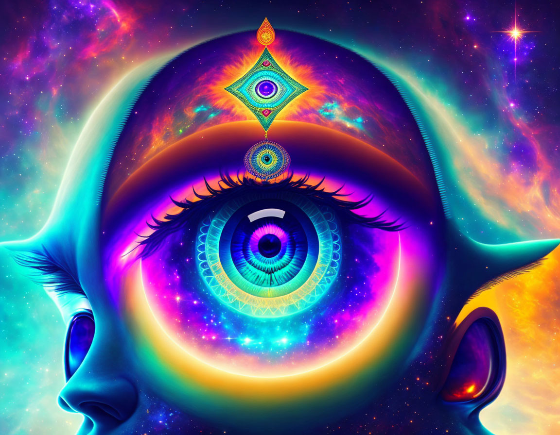 Colorful psychedelic art with central eye motif and cosmic elements