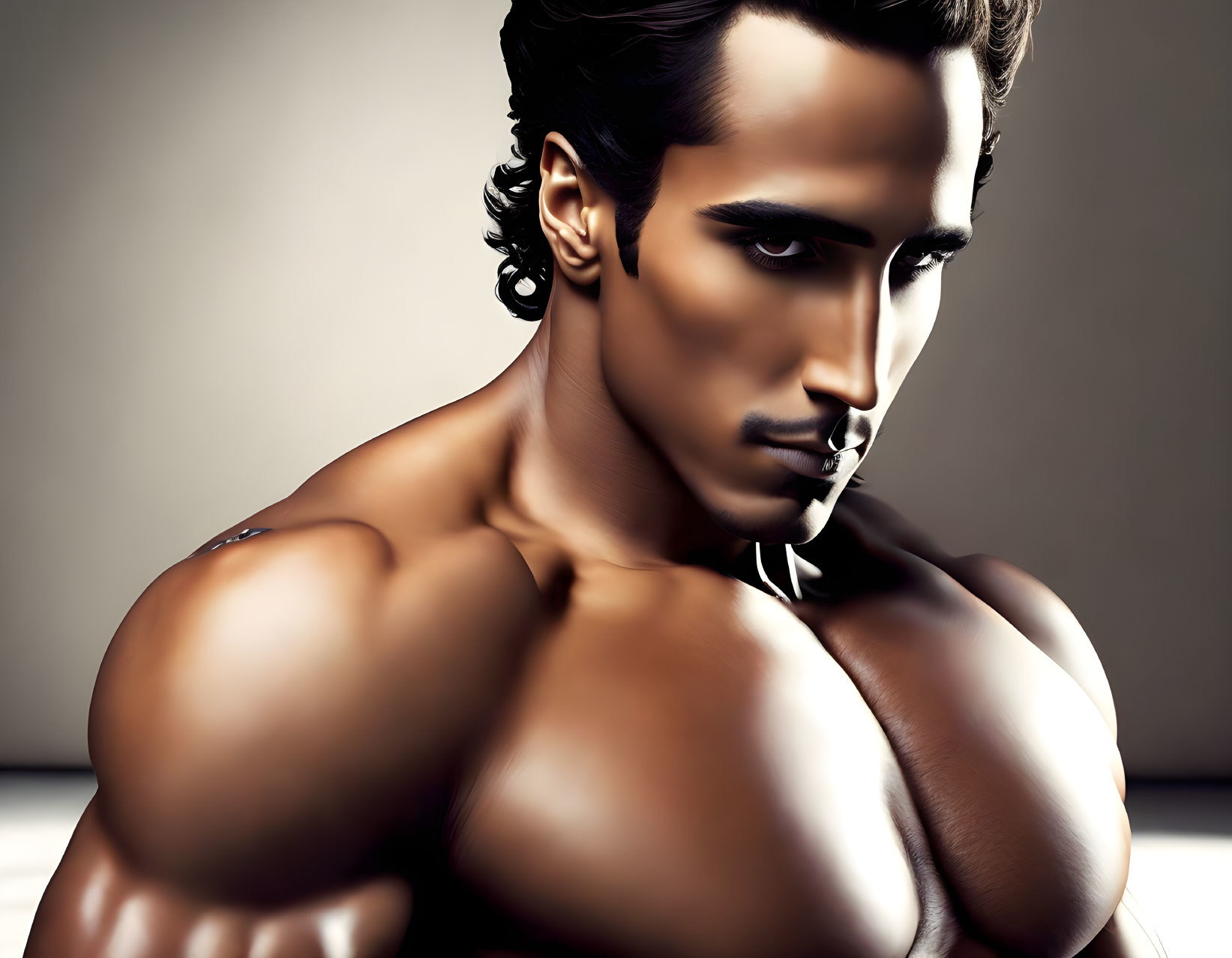 Muscular man digital portrait with contemplative expression
