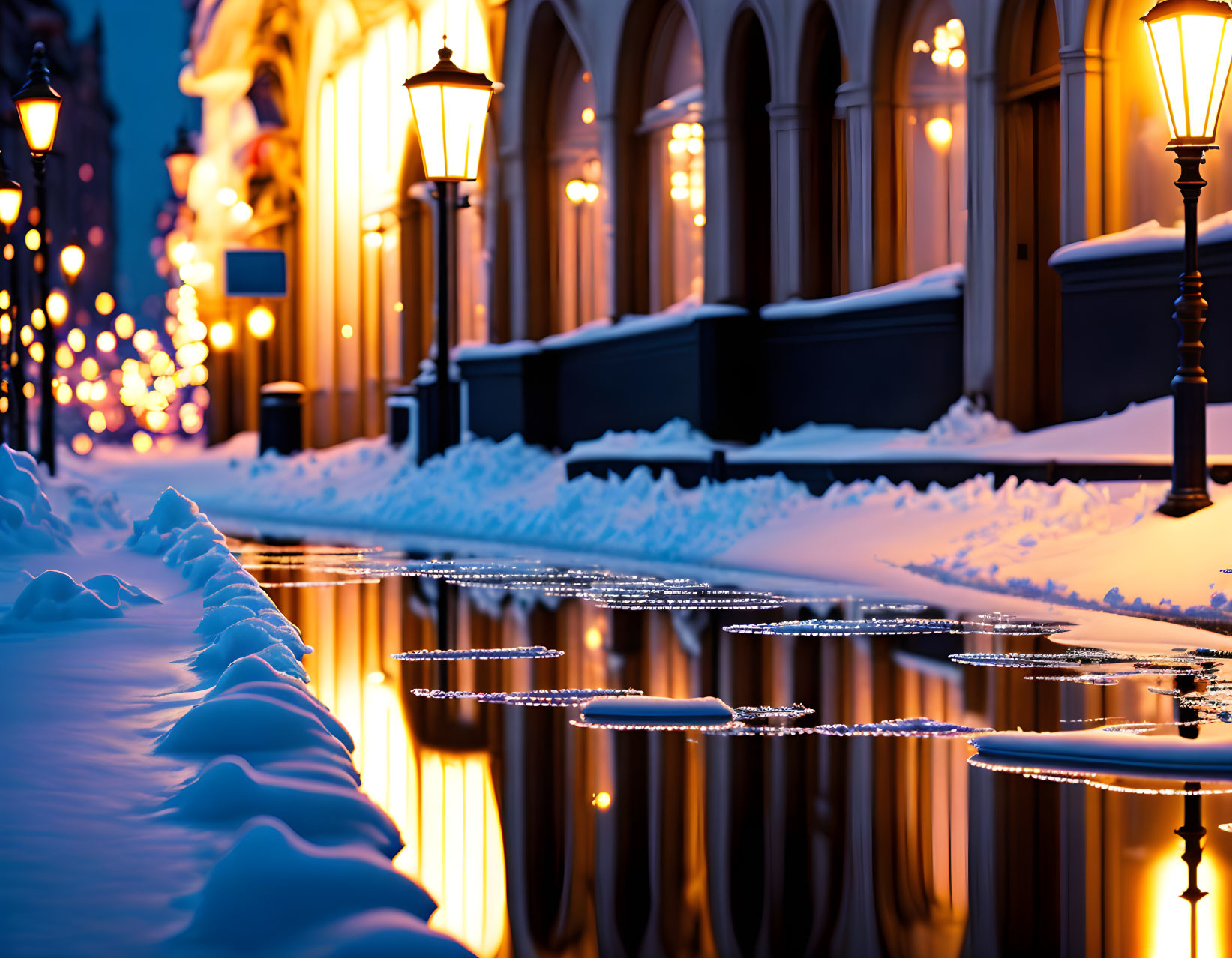 Snowy Street at Twilight with Warm Lights Reflecting on Wet Ground