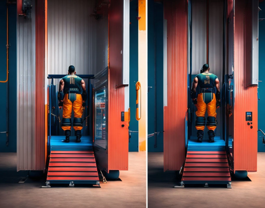Person in high-visibility workwear on orange and blue industrial staircase with gauges panel.