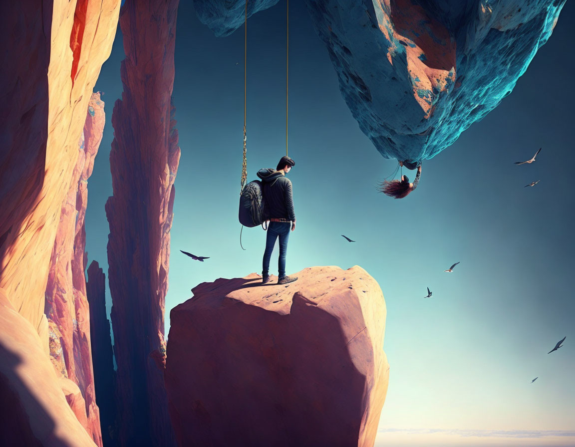 Person on Cliff Edge Observing Surreal Scene with Floating Rocks, Swing, and Birds