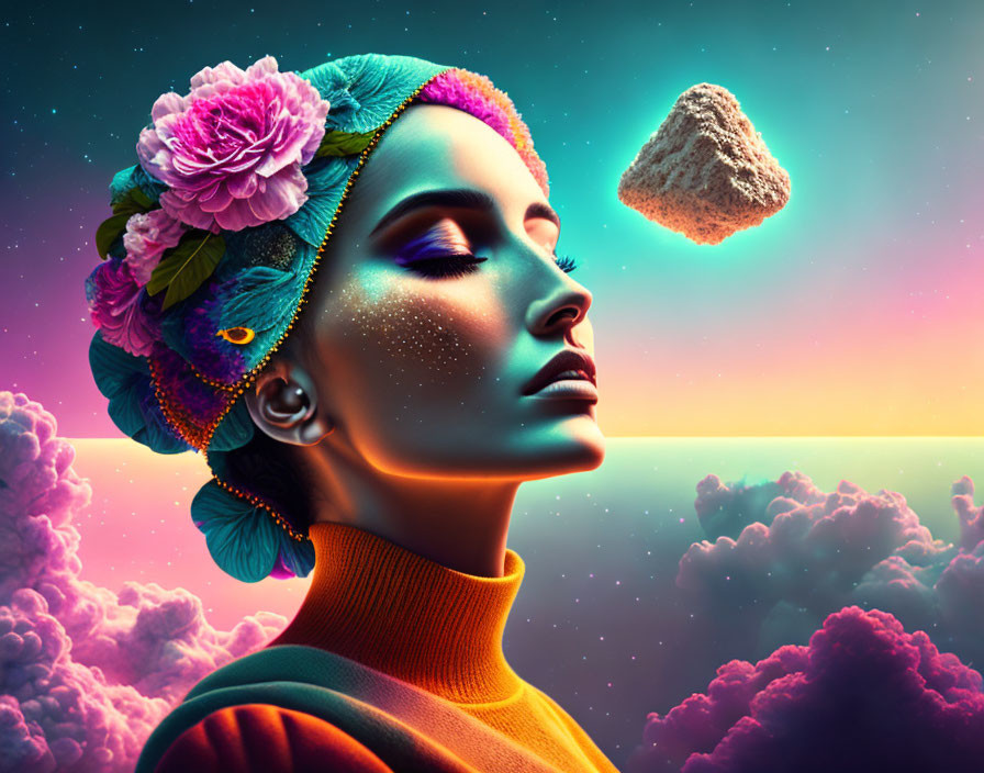 Colorful digital art portrait of a woman with floral headwear and surreal sky.