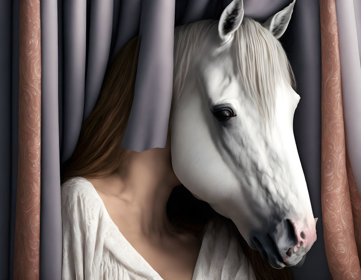 Person in horse mask peeking from behind curtain creates surreal scene