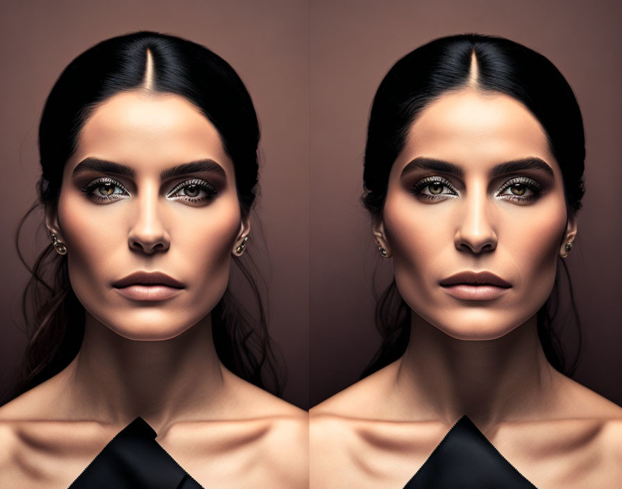 Symmetrical Portrait of Woman with Dark Hair and Striking Eyes