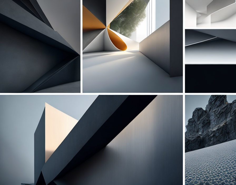 Abstract Architectural Interiors and Natural Landscape Collage with Geometric Shapes and Textured Sand