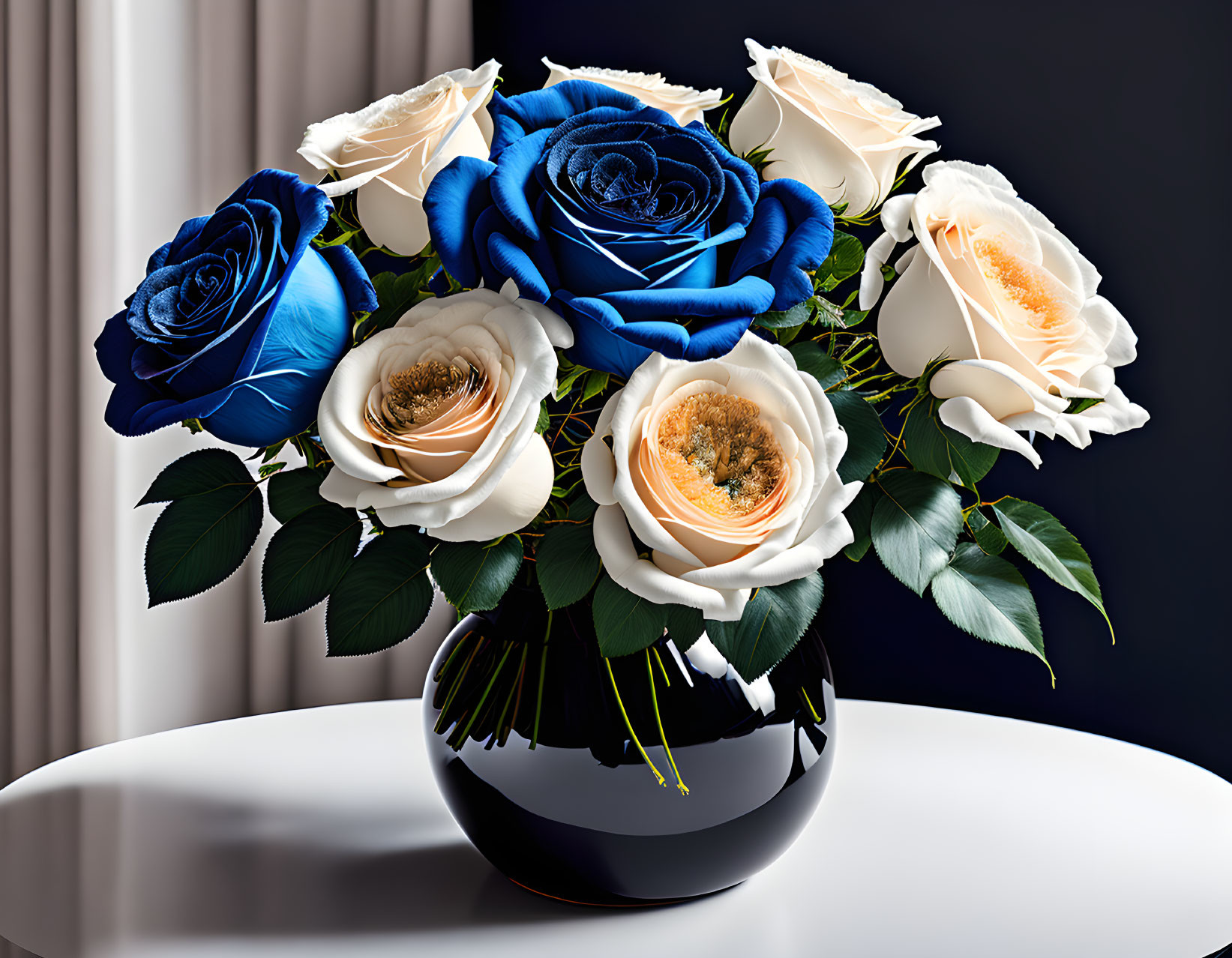 Blue and White Roses Bouquet in Black Vase on Dark Background