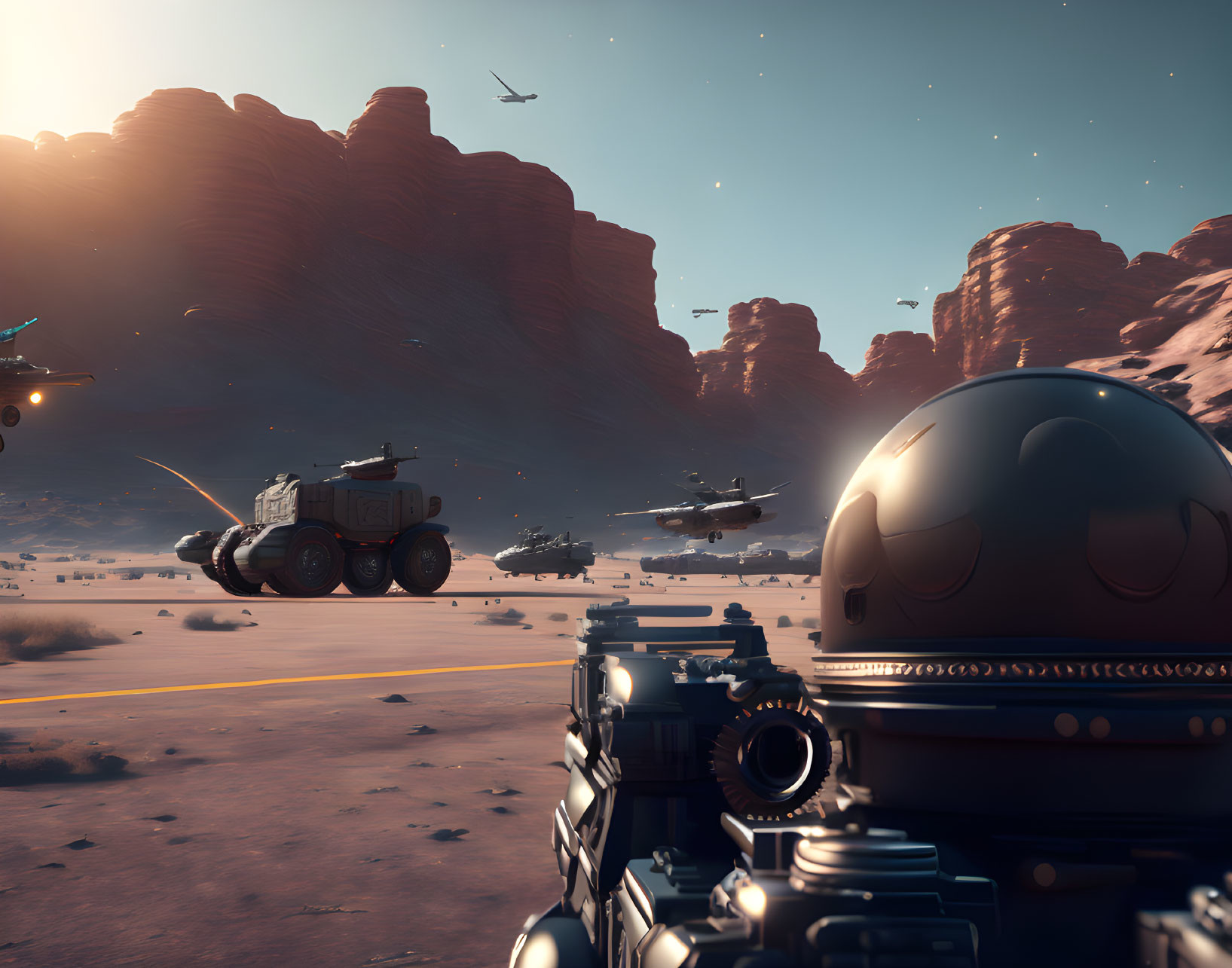 Futuristic desert landscape with aircraft, rover, and rock formations