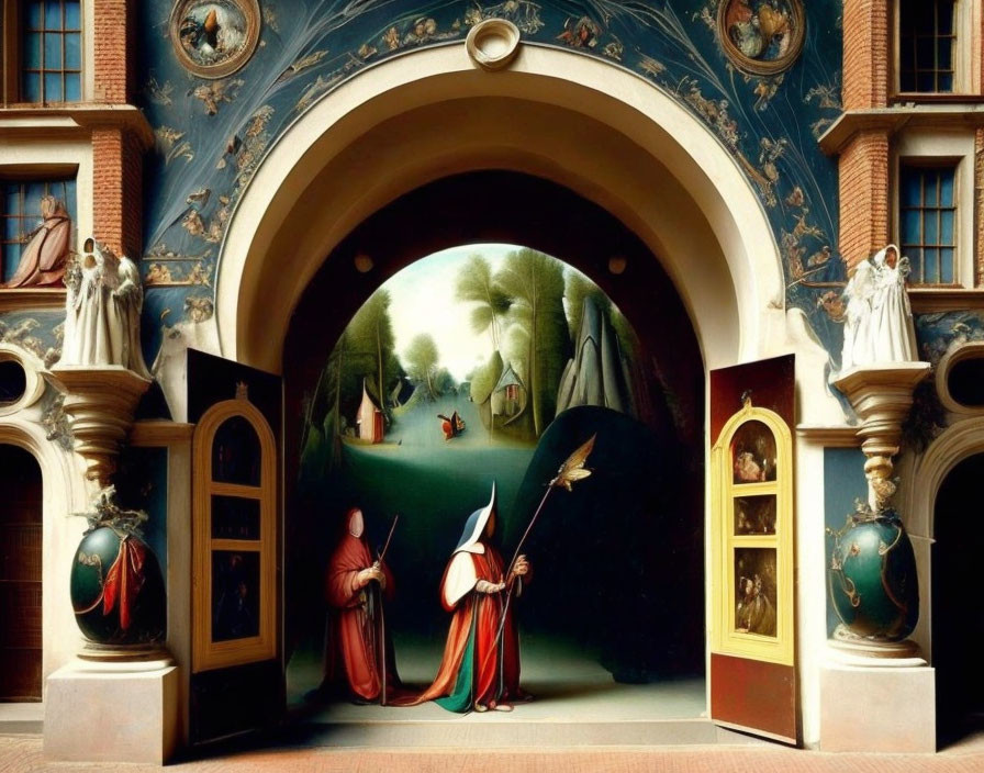 Two Figures in Robes in Surreal Landscape with Ornate Archway