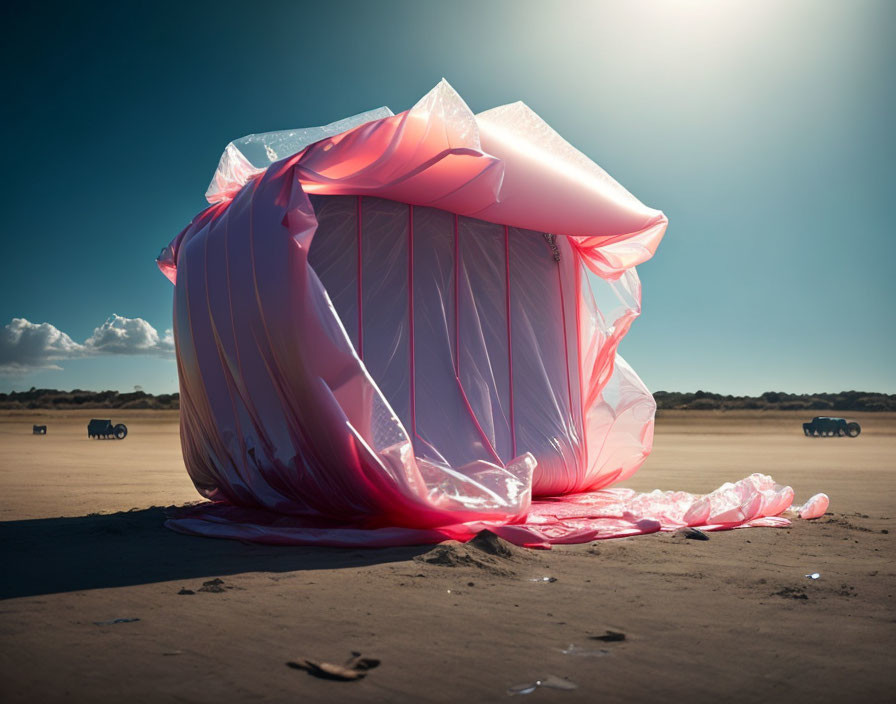 Pink deflated inflatable structure on sandy beach with vehicles and clouds.