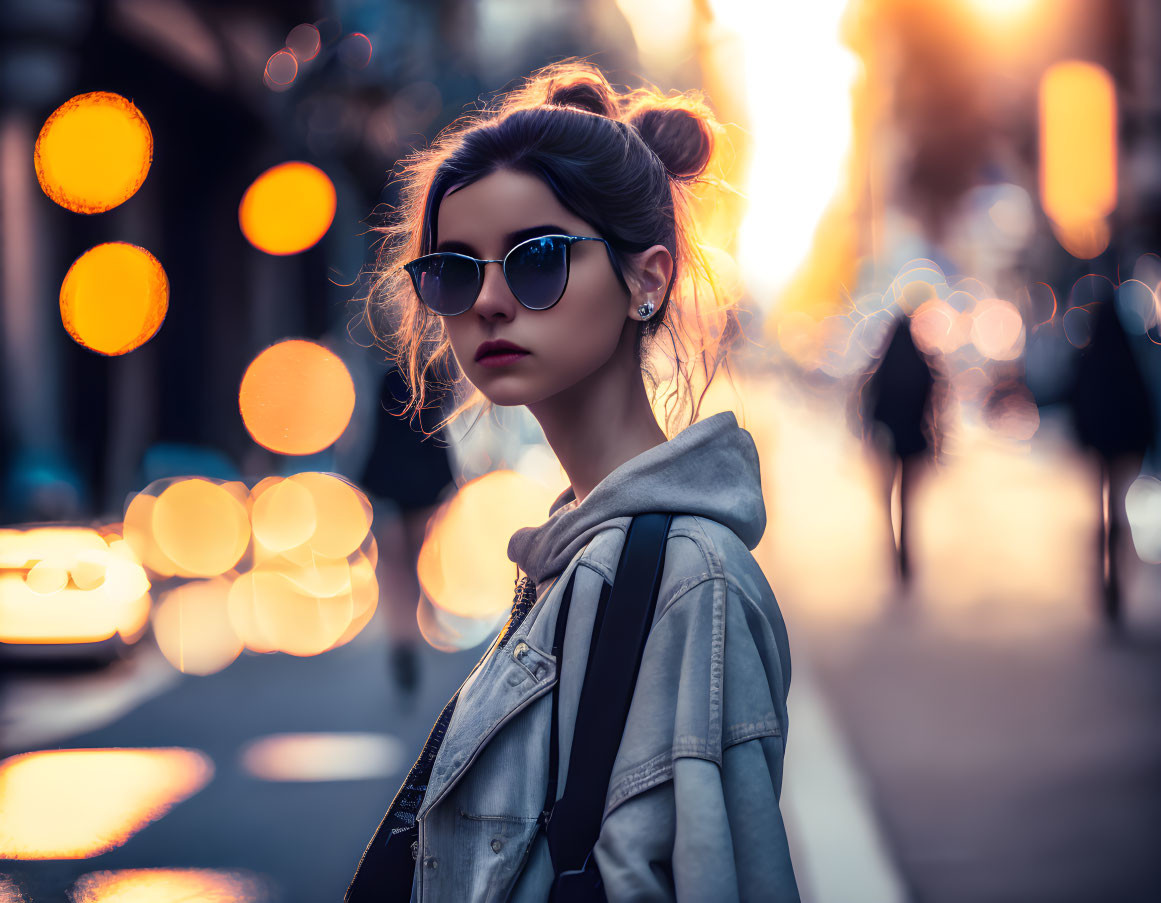 Fashionable young woman in sunglasses and bun hairstyle on city street with blurred lights.