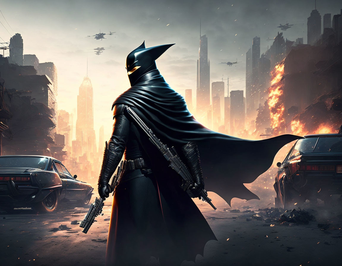 Batman in cape before fiery dystopian cityscape with futuristic helicopters
