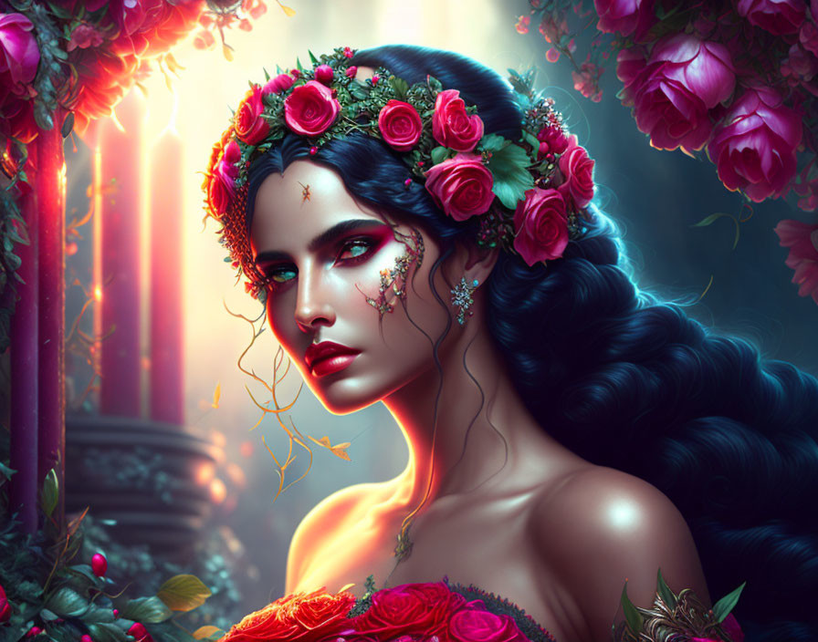 Woman portrait with floral wreath, dramatic makeup, and fantasy ambiance in vibrant flower setting