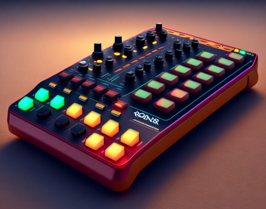Vibrant digital audio mixer with colorful knobs and lit pads