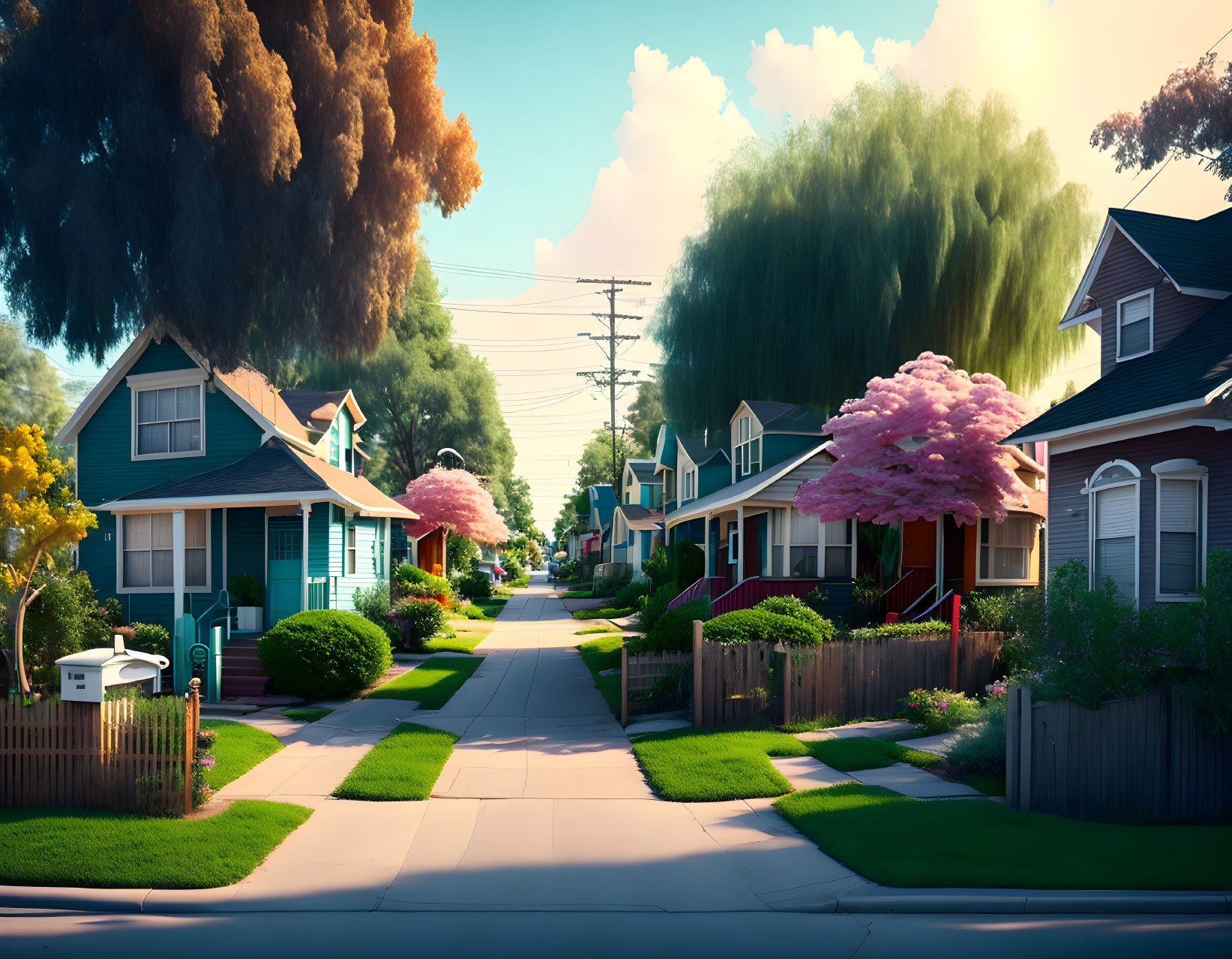 Colorful suburban street with blooming trees & manicured lawns