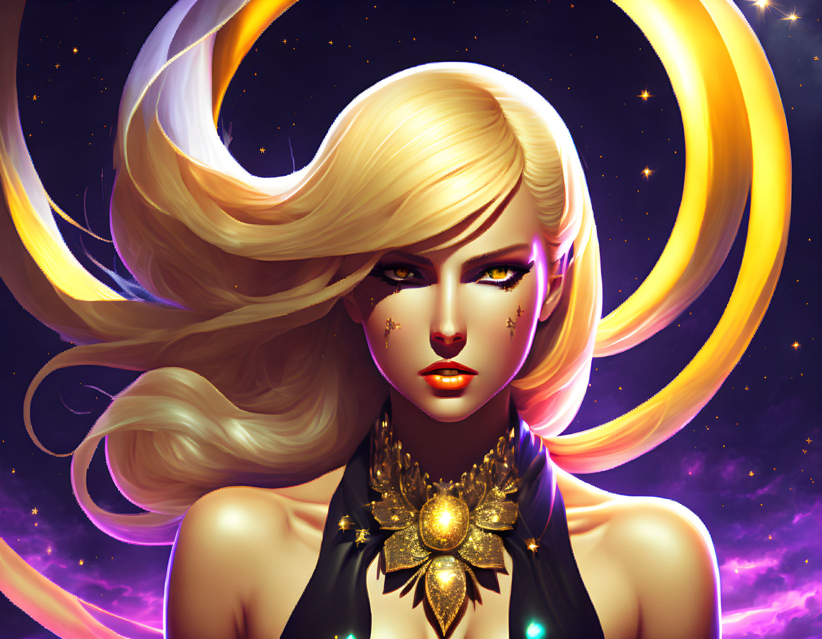 Illustration of woman with golden hair and star-studded makeup in cosmic setting