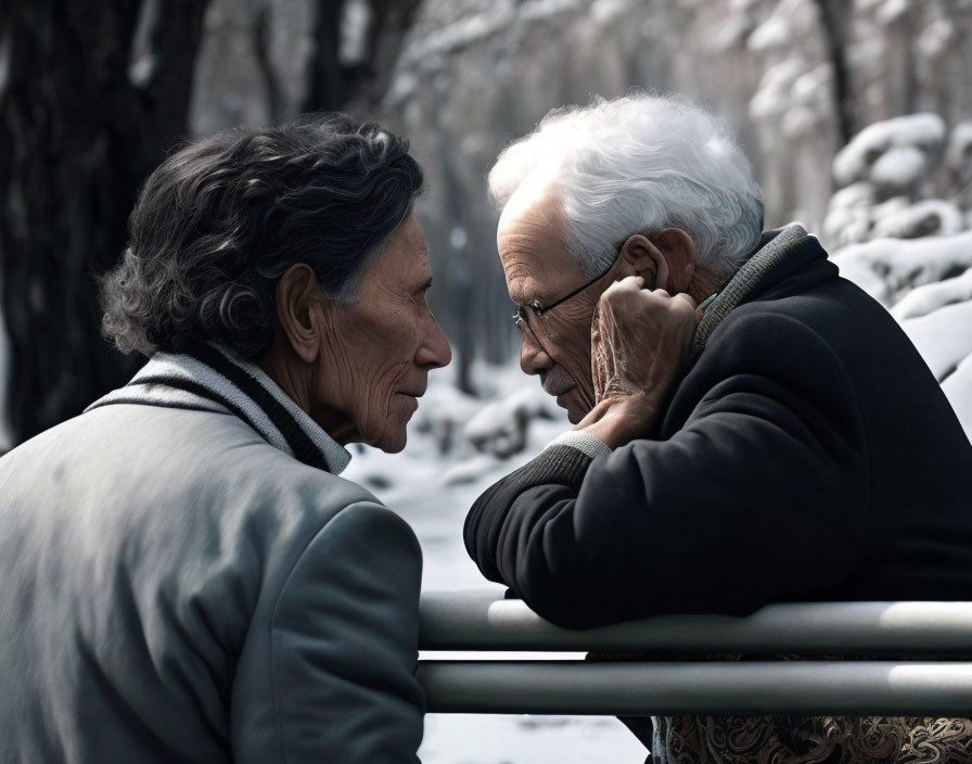 Elderly man and woman sharing a tender moment on a winter bench